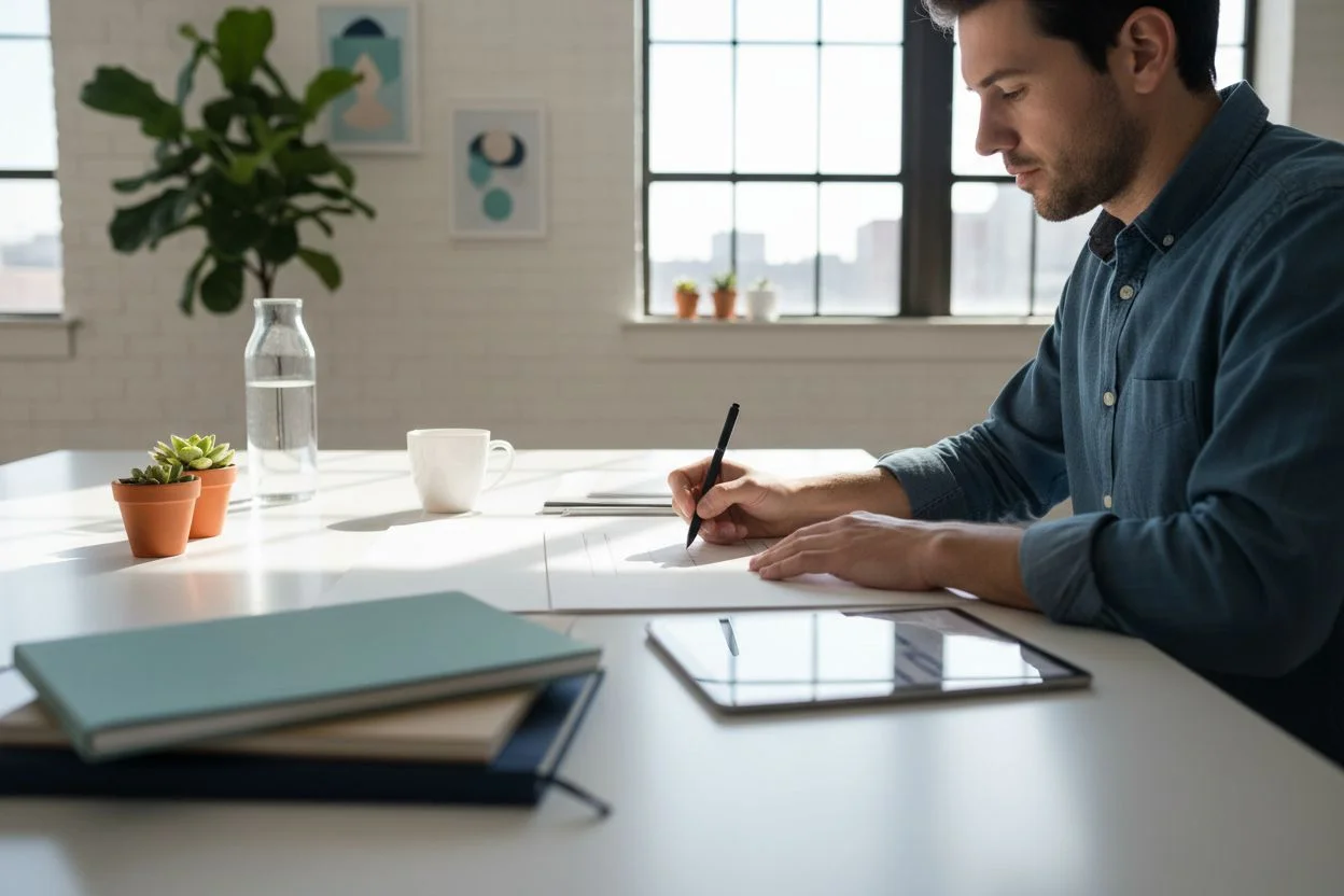 Senior engineer working at a focused, hands-on workspace