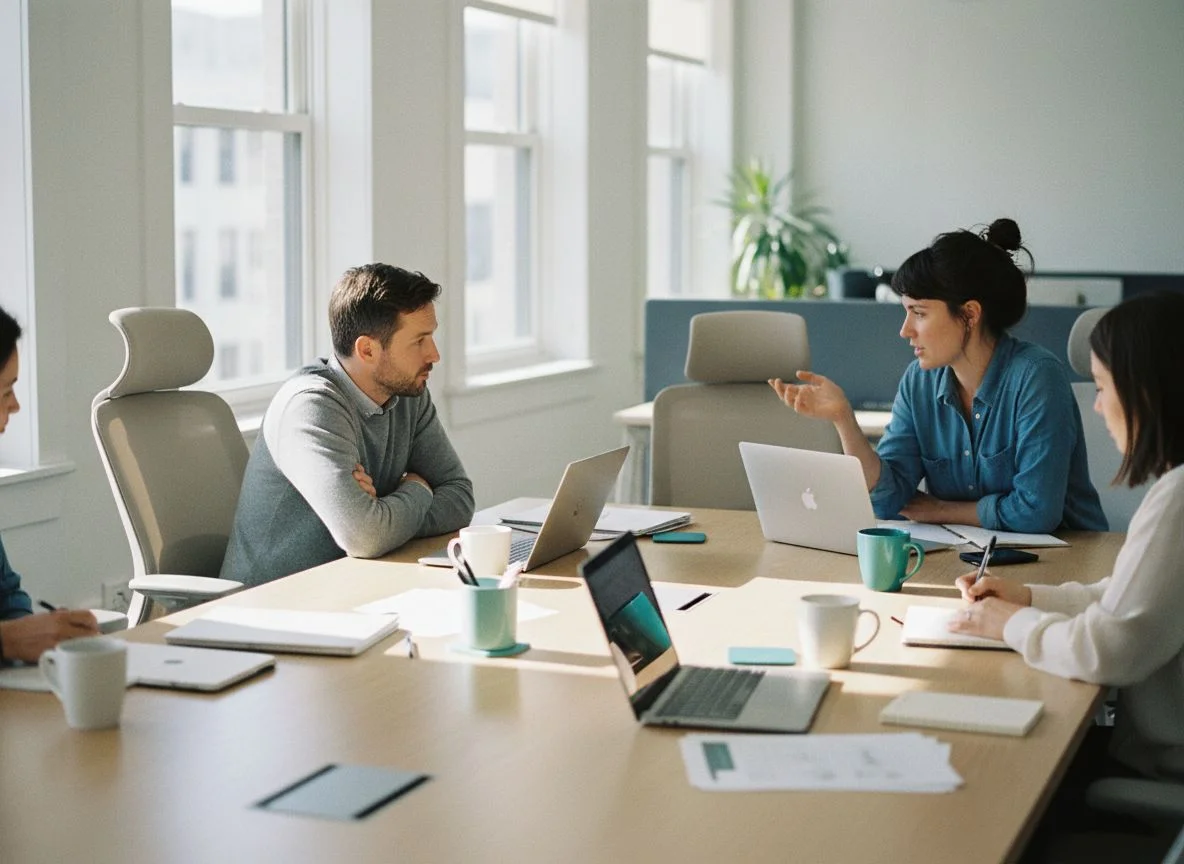 A working session: four people at a conference table with laptops, notes, and coffee